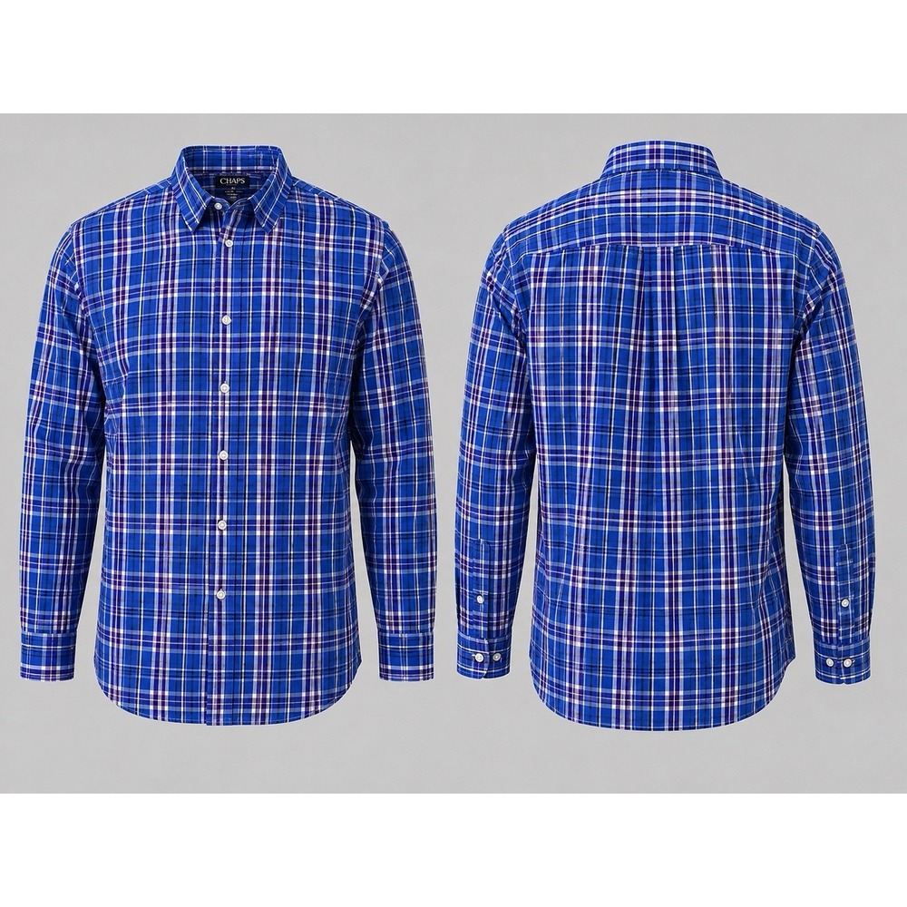 Chaps Easy Care Stretch Twill Shirt Mens XXL Blue Plaid Long Sleeve Button Down